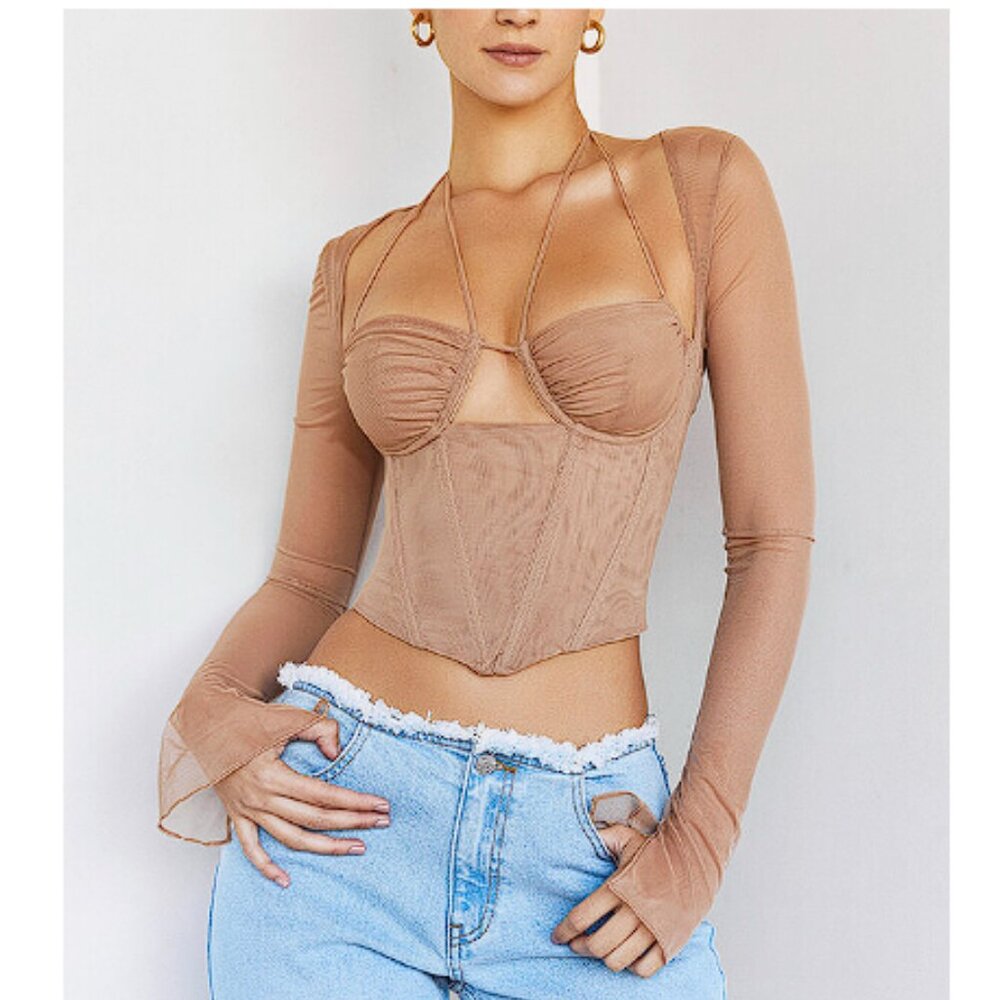 Mistress Rocks 'SWEET' Camel Mesh Long Sleeve Corset NWOT